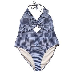 Aerie Ruffle One-Piece - Blue and White Striped - Size